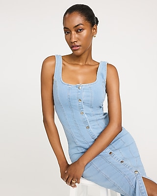 Stretch Denim Scoop Neck Button Front Seamed Midi Dress - image 4