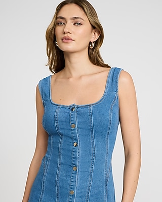 Stretch Denim Scoop Neck Button Front Seamed Midi Dress | Express
