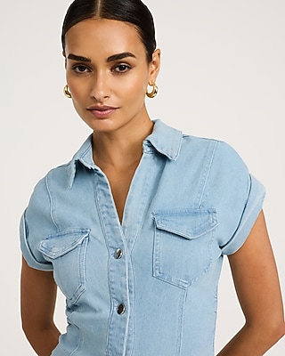 Stretch Denim Cap Sleeve Button Front Midi Sheath Dress - image 2