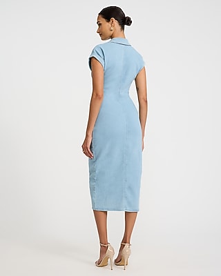 Stretch Denim Cap Sleeve Button Front Midi Sheath Dress - image 3