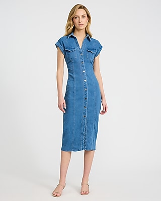 Stretch Denim Cap Sleeve Button Front Midi Sheath Dress - image 4