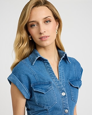 Stretch Denim Cap Sleeve Button Front Midi Sheath Dress - image 5