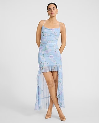 Floral Mesh Scoop Neck Ruffle High-low Maxi Dress