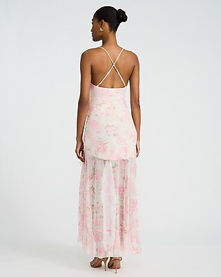 Floral Mesh Scoop Neck Ruffle High-Low Maxi Dress - thumbnail 8