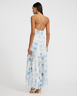 Floral Mesh Scoop Neck Ruffle High-Low Maxi Dress