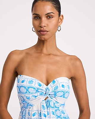 Printed Strapless Twist Front Strappy Maxi Dress