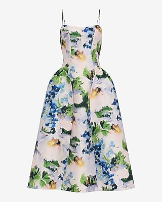 Floral Satin Sweetheart Basque Waist Midi Fit and Flare Dress with Pockets