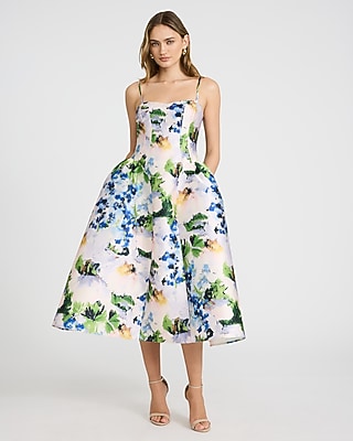 Floral Satin Sweetheart Basque Waist Midi Fit and Flare Dress with Pockets
