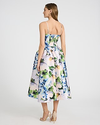 Floral Satin Sweetheart Basque Waist Midi Fit and Flare Dress with Pockets