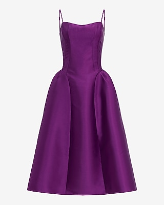 Satin Sweetheart Basque Waist Midi Fit and Flare Dress with Pockets
