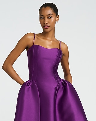 Satin Sweetheart Basque Waist Midi Fit and Flare Dress with Pockets