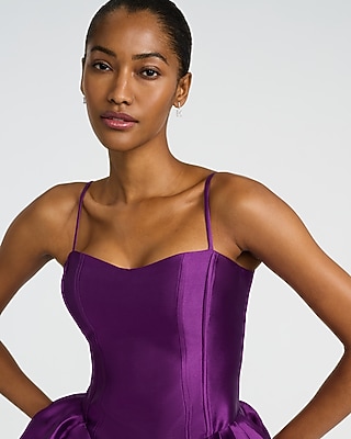 Satin Sweetheart Basque Waist Midi Fit and Flare Dress with Pockets