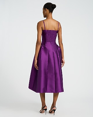 Satin Sweetheart Basque Waist Midi Fit and Flare Dress with Pockets