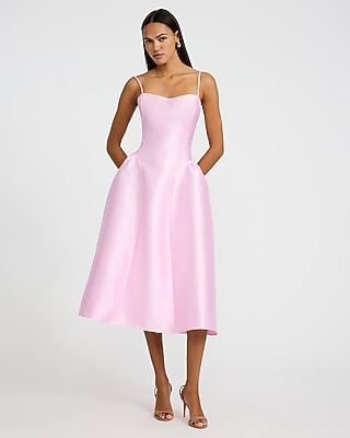 Satin Sweetheart Basque Waist Midi Fit And Flare Dress With Pockets |  Express