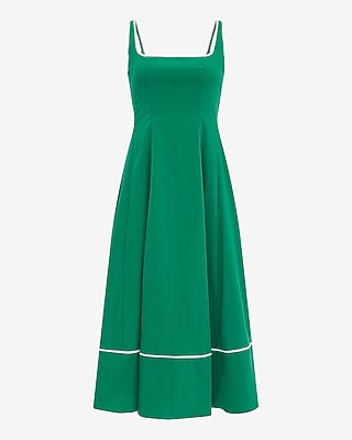 Stretch Cotton Poplin Piped Smocked Back Midi Dress with Pockets