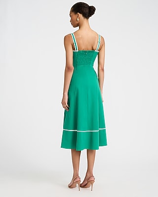 Stretch Cotton Poplin Piped Smocked Back Midi Dress with Pockets