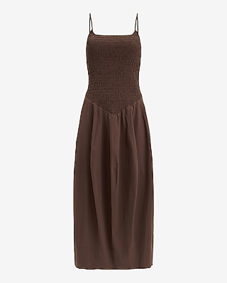 Stretch Cotton Poplin Smocked Drop Waist Barrel Maxi Dress with Pockets