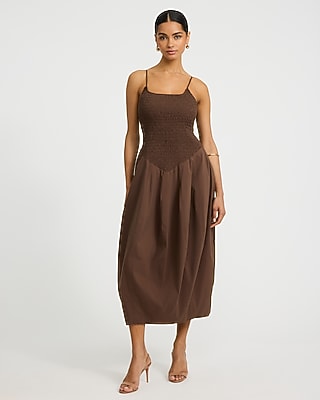 Stretch Cotton Poplin Smocked Drop Waist Barrel Maxi Dress with Pockets