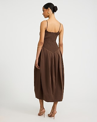 Stretch Cotton Poplin Smocked Drop Waist Barrel Maxi Dress with Pockets
