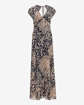 Chiffon Floral V-Neck Cap Sleeve Maxi Dress
