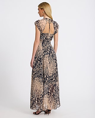Chiffon Floral V-Neck Cap Sleeve Maxi Dress