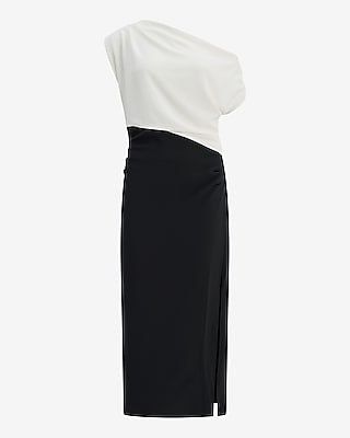 Color Block Asymmetrical One Shoulder Midi Dress Luxe Stretch