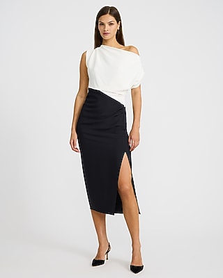 Color Block Asymmetrical One Shoulder Midi Dress Luxe Stretch