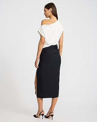 Color Block Asymmetrical One Shoulder Midi Dress Luxe Stretch
