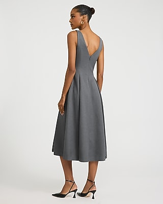 Heathered Boat Neck Seamed Fit and Flare Midi Dress
