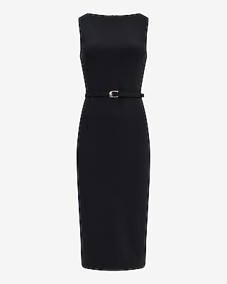 Crepe Boat Neck Belted Midi Sheath Dress - thumbnail 7