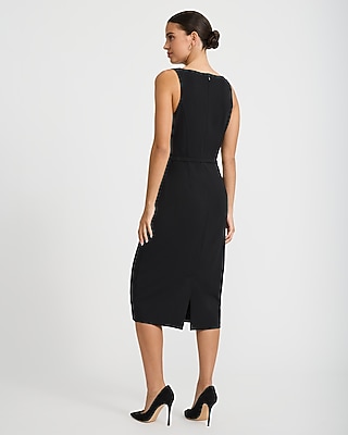 Crepe Boat Neck Belted Midi Sheath Dress - thumbnail 6