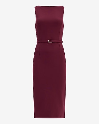 Crepe Boat Neck Belted Midi Sheath Dress