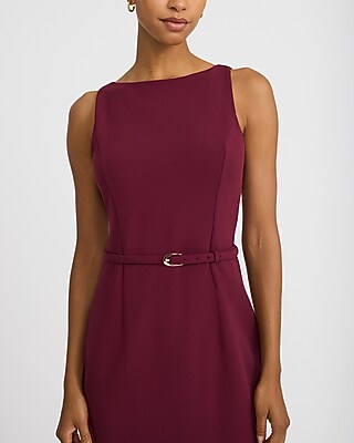 Crepe Boat Neck Belted Midi Sheath Dress