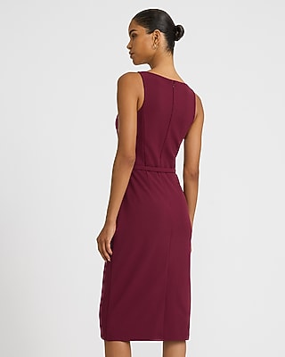 Crepe Boat Neck Belted Midi Sheath Dress