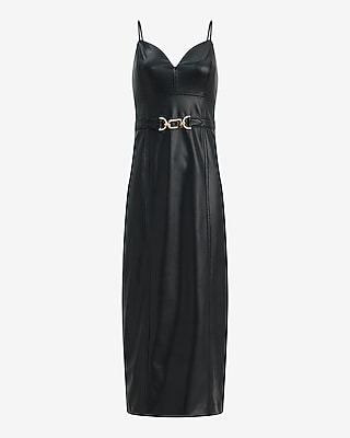 Faux Leather V-Neck Belted Maxi Sheath Dress