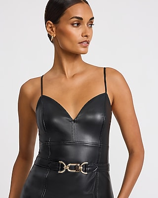 Faux Leather V-Neck Belted Maxi Sheath Dress
