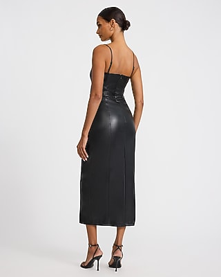 Faux Leather V-Neck Belted Maxi Sheath Dress