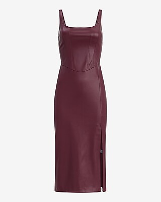 Faux Leather Scoop Neck Corset Midi Sheath Dress