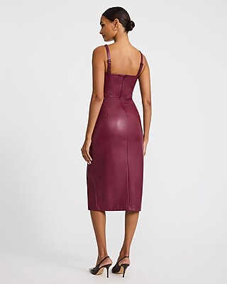 Faux Leather Scoop Neck Corset Midi Sheath Dress