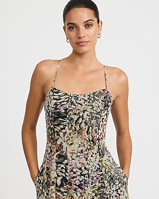 Chiffon Printed Scoop Neck Seamed Maxi Dress with Pockets - thumbnail 2