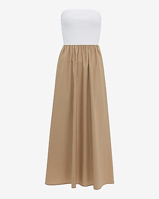 Stretch Cotton Color Block Mixed Media Strapless Maxi Dress - image 3