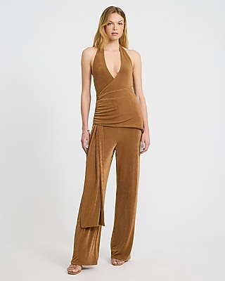 Halter V-Neck Wrap Waist Ruched Jumpsuit