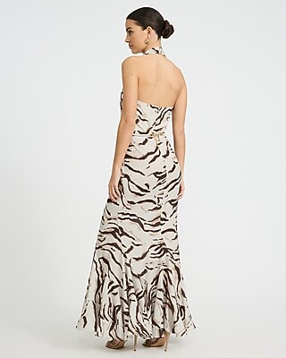 Printed Halter V-Neck Beaded Belted Maxi Fit and Flare Dress