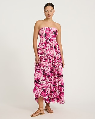 Textured Strapless Ruched Tiered Smocked Back Maxi Dress