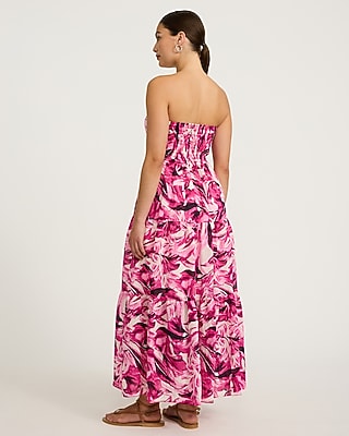 Textured Strapless Ruched Tiered Smocked Back Maxi Dress