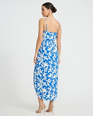 Satin Printed V-Neck Surplice Maxi Sheath Dress