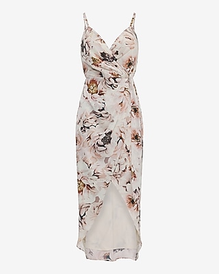 Satin Floral V-Neck Surplice Maxi Sheath Dress