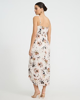 Satin Floral V-Neck Surplice Maxi Sheath Dress