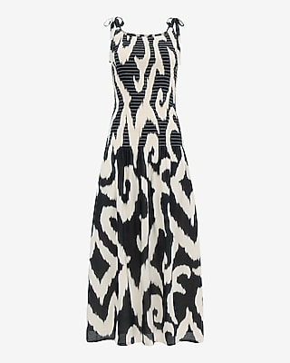 Printed Crew Neck Tie Strap Drop Waist Smocked Maxi Dress