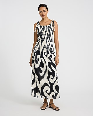 Printed Crew Neck Tie Strap Drop Waist Smocked Maxi Dress